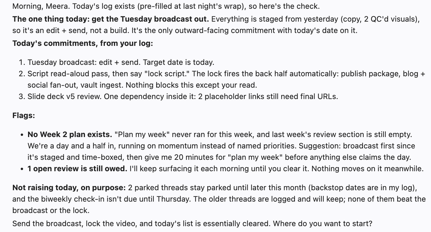 A real Your First Hire morning check naming today's one thing, dated commitments, planning gaps and intentionally parked work.